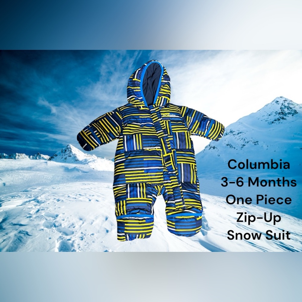 Columbia, 3-6 Month, Blue/yellow/white, zip-up one piece snow suit. @18